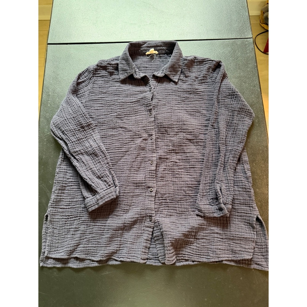 Eileen Fisher Organic Cotton Double Gauze Button Down Shirt Purple L F23